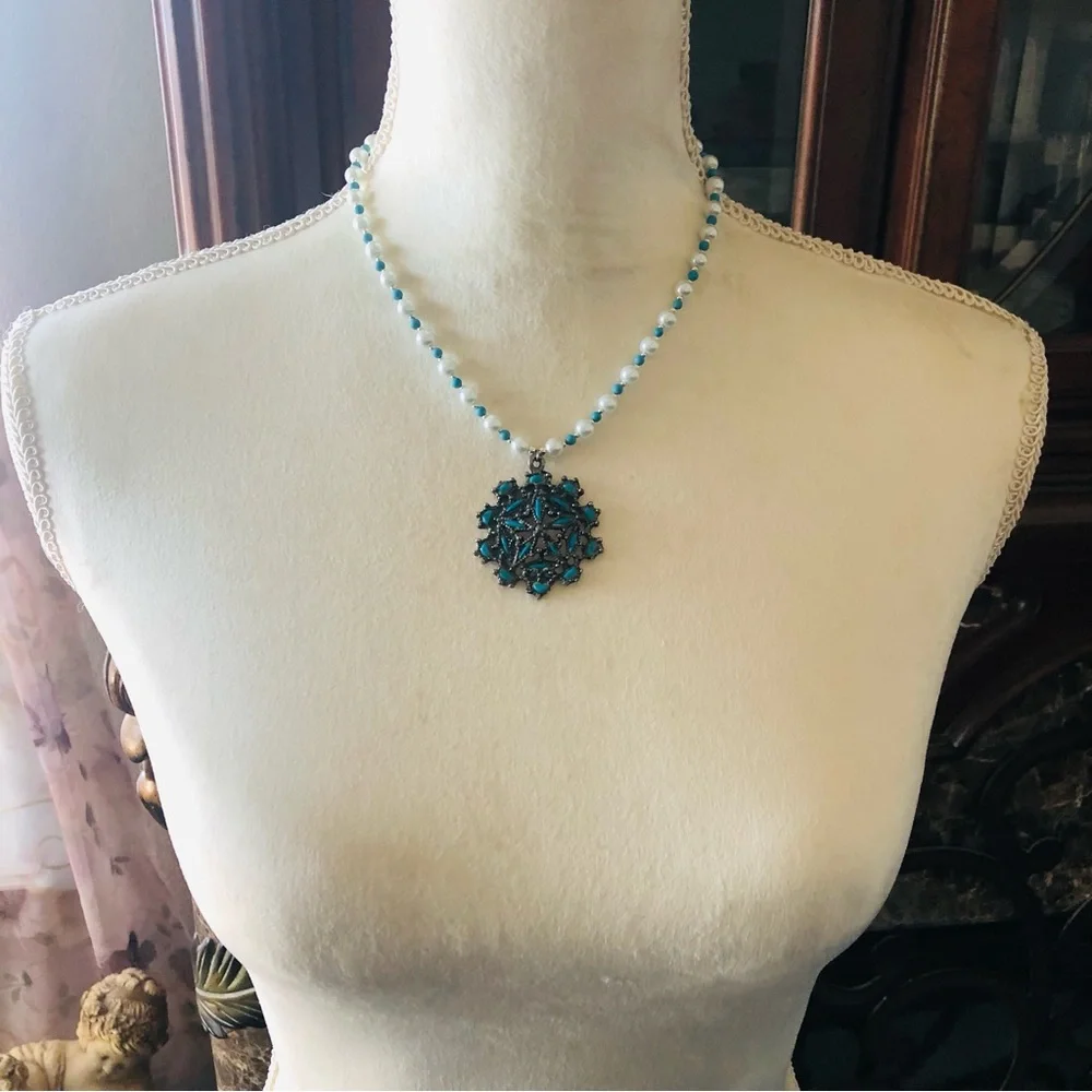 Handcrafted repurpose howlite cluster pendant Czech glass Pearl necklace